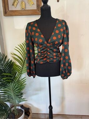 feathers Dark Green Blouse with Rust Polka Dots